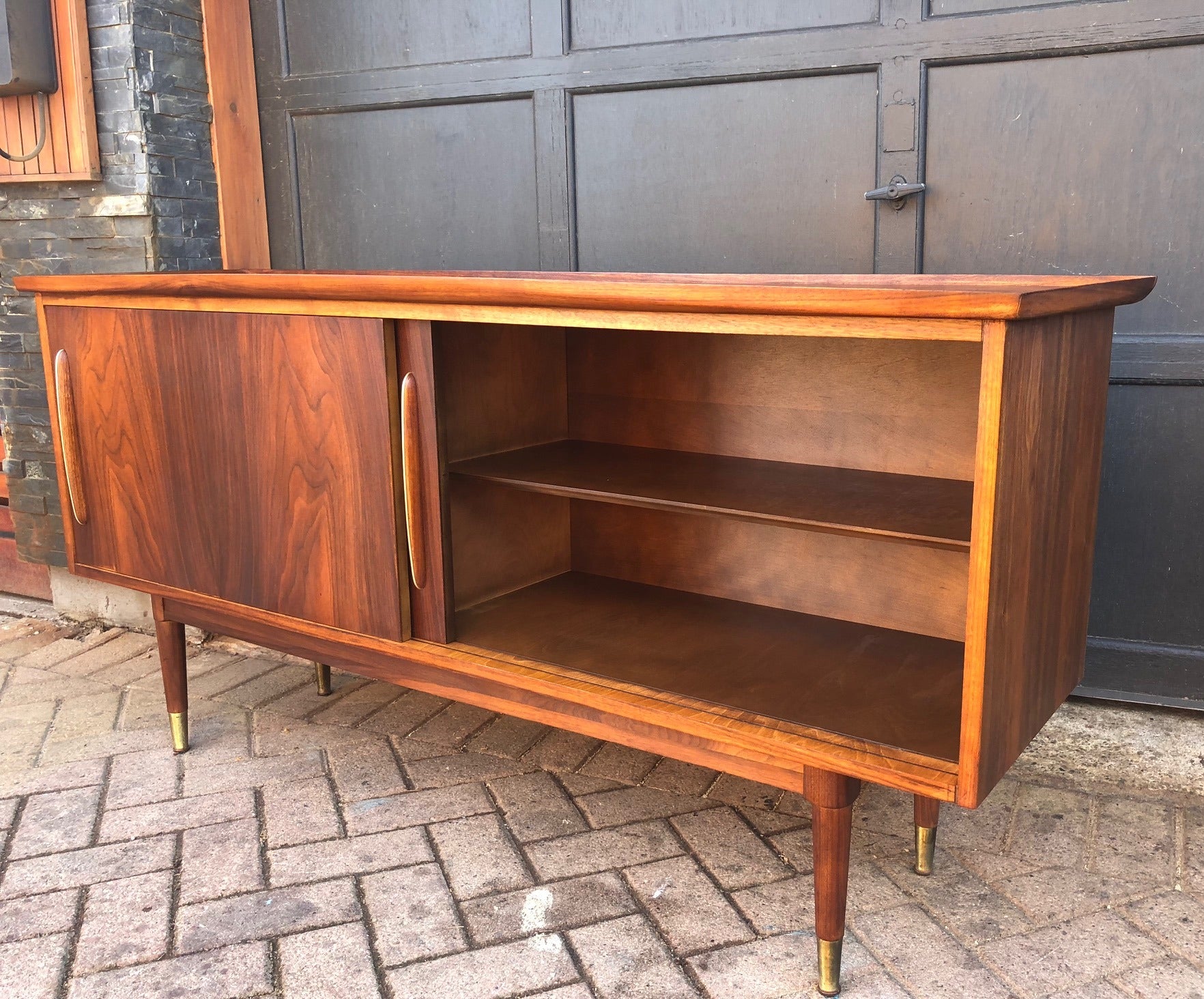 REFINISHED MCM Walnut Credenza w 2 Sliding Doors 62" - Mid Century Modern Toronto