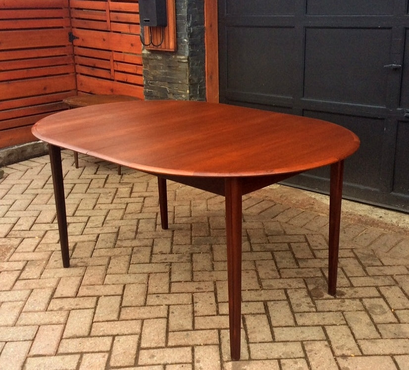 REFINISHED MCM Teak Dining Table Oval Self Storing with butterfly/ jackknife/ pop up leaf extension - Mid Century Modern Toronto