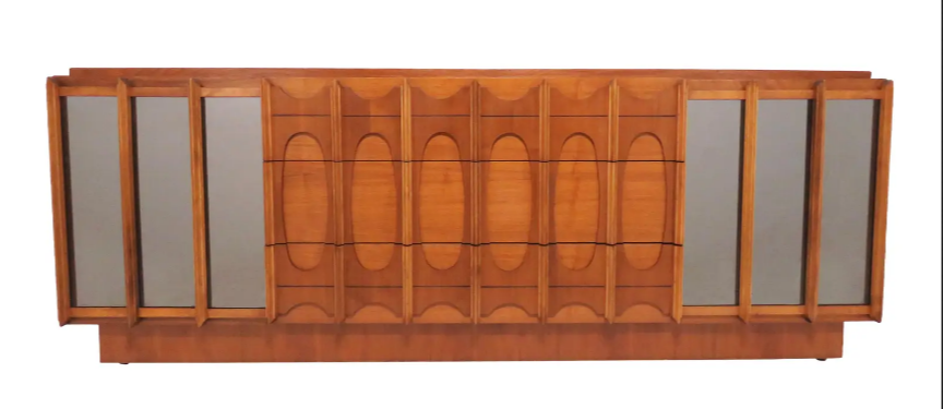 RESTORED Rare MCM Teak & Walnut Mirrored Brutalist Credenza Dresser 80