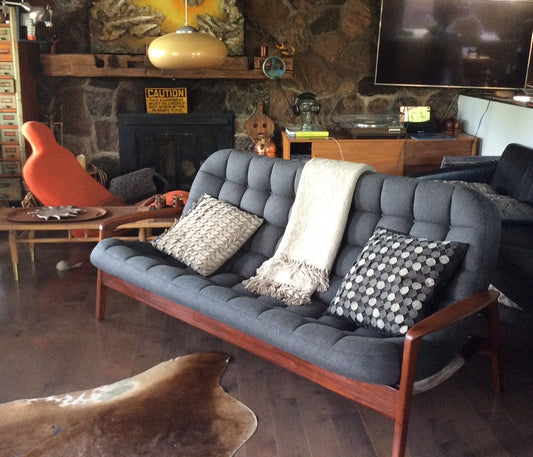 RESTORED Iconic Mid Century Modern Teak Sofa with arms - Scoop by Huber. Like New, Charcoal Wool Fabric - Mid Century Modern Toronto