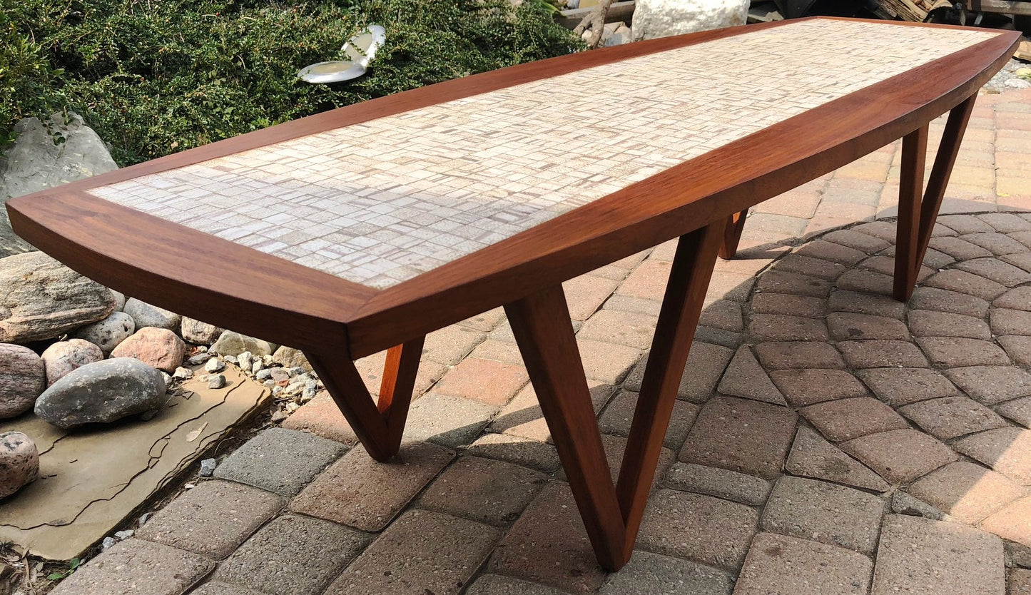 REFINISHED Danish MCM walnut coffee table with tile inlay 60" - Mid Century Modern Toronto