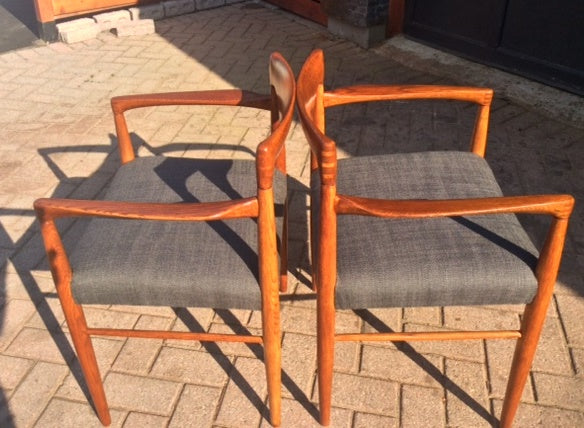 A Pair of REFINISHED REUPHOLSTERED Danish MCM  Teak Carver Armchairs by H.W. Klein for Bramin Møbler, each $349 - Mid Century Modern Toronto