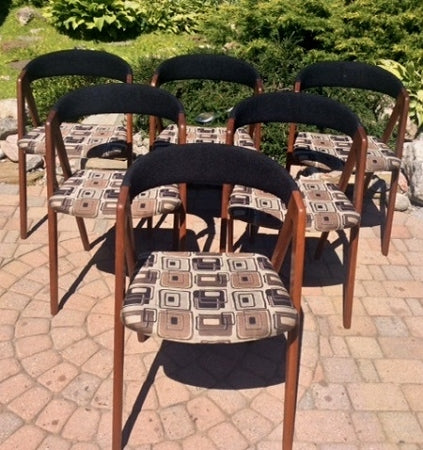 6 RESTORED MCM Kai Kristiansen “A -Frame” Teak Dining Chairs, each $375 on sale - Mid Century Modern Toronto