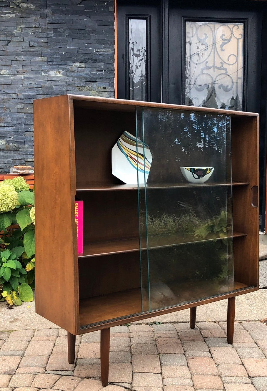 MCM Ash Walnut Bookcase Display with glass doors like new 40.5