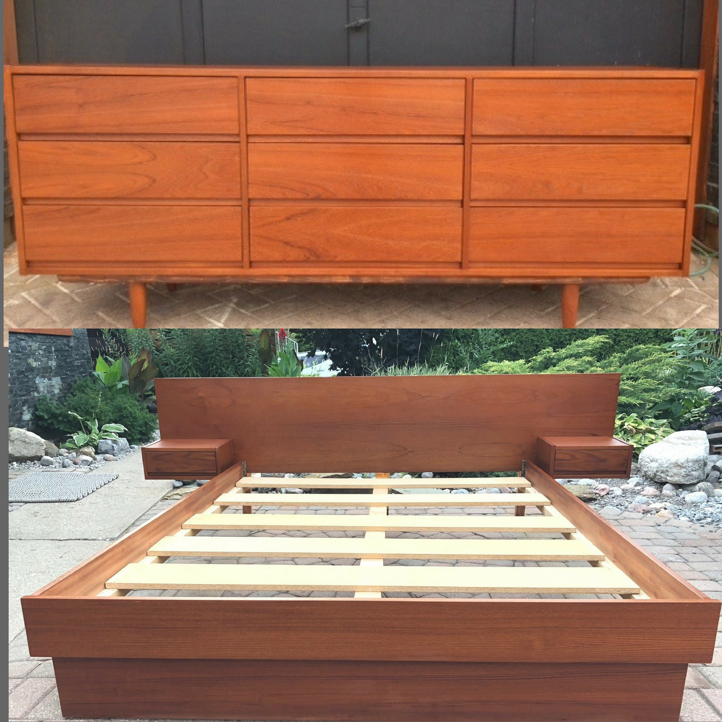 REFINISHED MCM Teak Queen Bed & Dresser 9 Drawers - Mid Century Modern Toronto