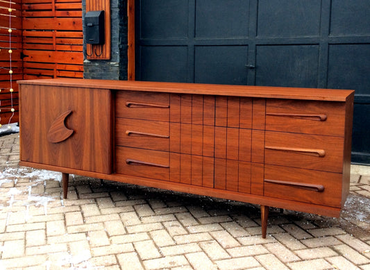REFINISHED Mid Century Modern Teak or Walnut 9 Drawer Dresser Credenza Sideboard 3-Dimensional 7 ft - Mid Century Modern Toronto