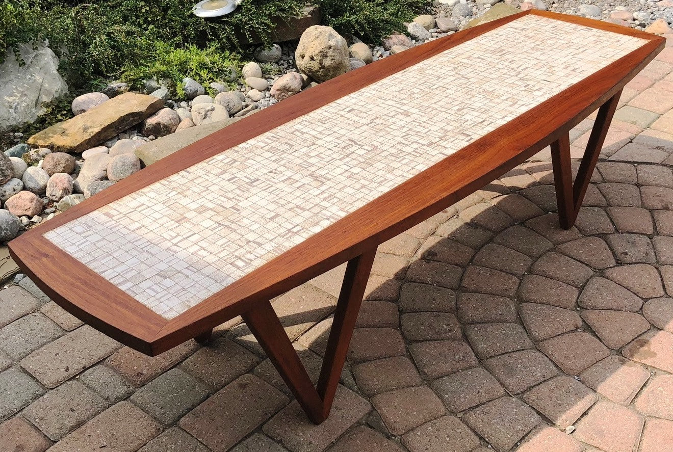 REFINISHED Danish MCM walnut coffee table with tile inlay 60" - Mid Century Modern Toronto