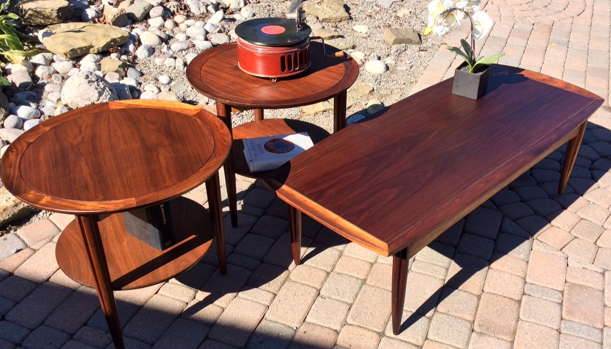 Mid Century Modern Set of Walnut Coffee Table & 2 End Tables REFINISHED - Mid Century Modern Toronto