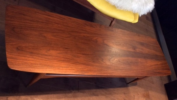 Mid Century Modern Walnut Coffee Table Surfboard with Shelf REFINISHED - Mid Century Modern Toronto