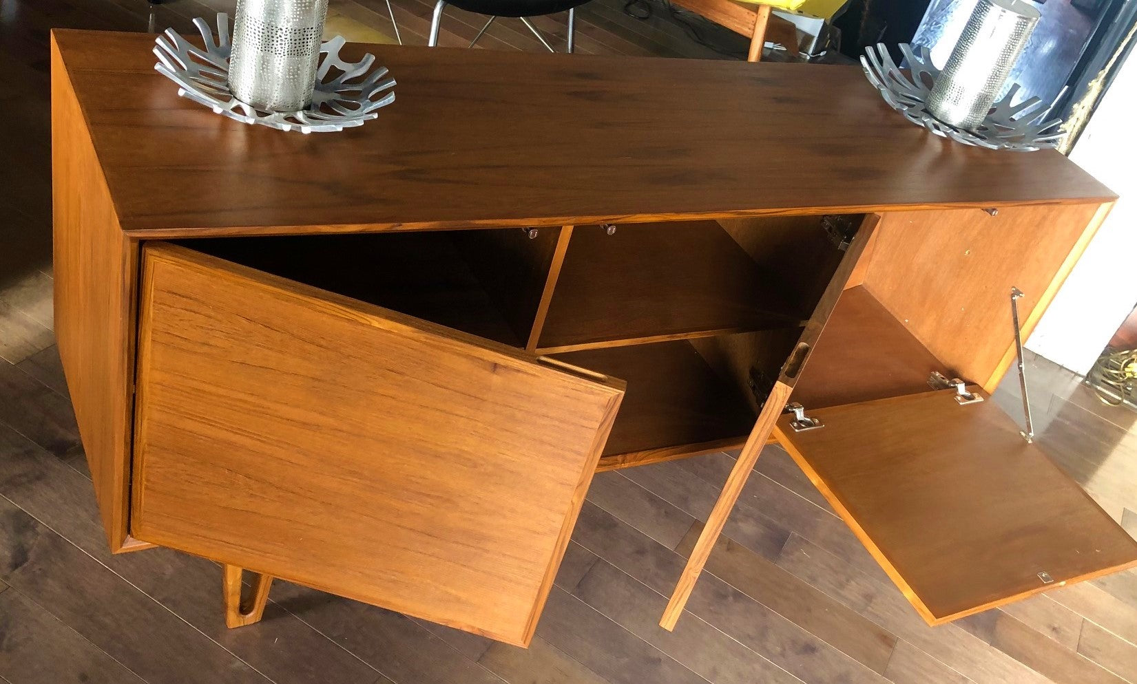 Danish MCM Teak Buffet Bar 63", 3 doors with hidden handles, perfect - Mid Century Modern Toronto
