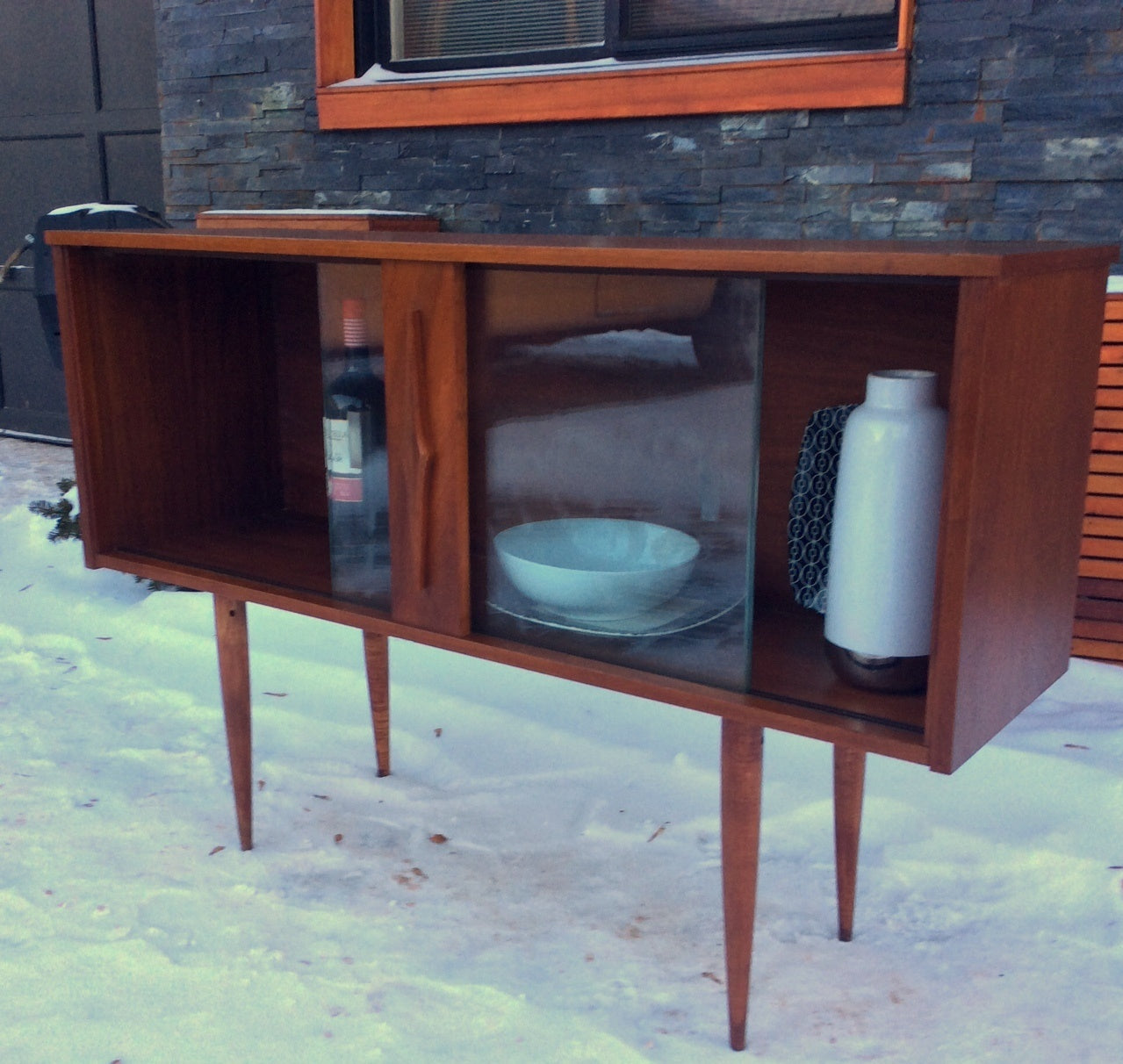 Mid Century Modern Teak Display Buffet China Console Restored 4 ft - Mid Century Modern Toronto