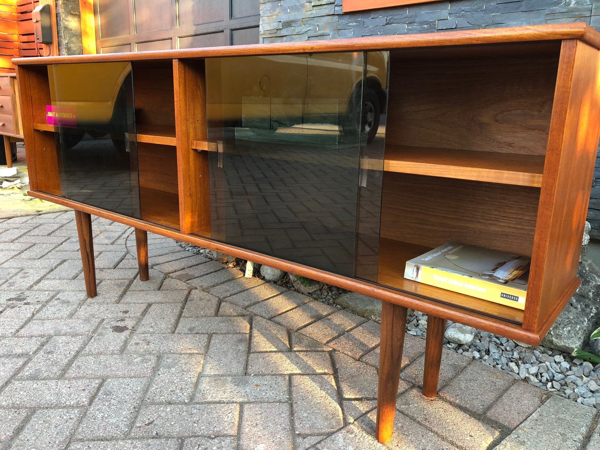 REFINISHED Danish MCM  Teak Display China Console 62.5"w tinted glass doors - Mid Century Modern Toronto