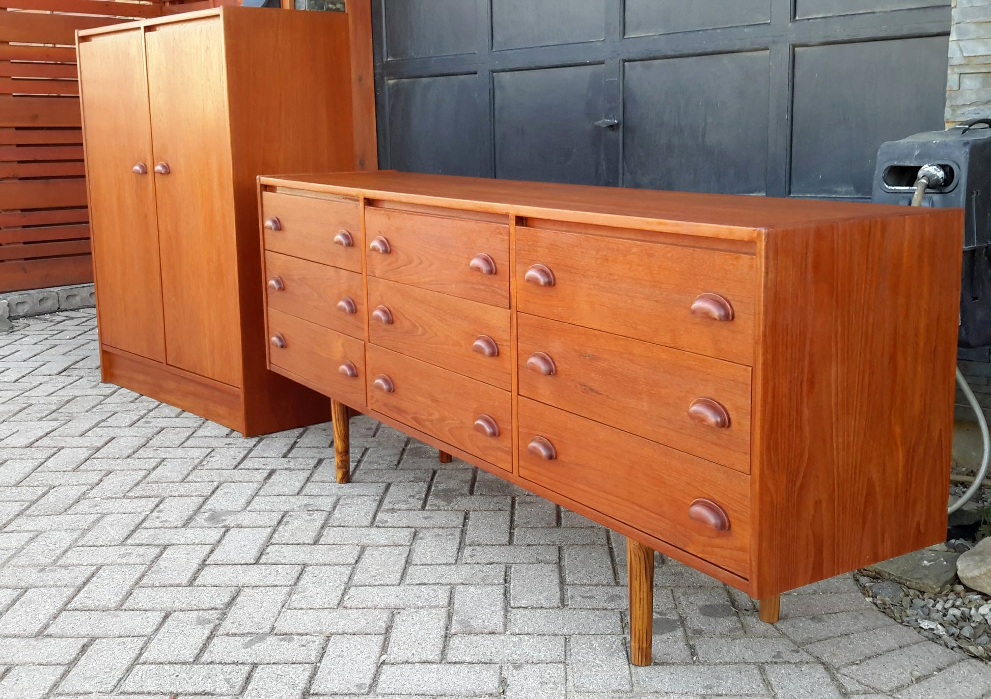 REFINISHED MCM Teak Dresser, Wardrobe, Queen Bed with floating Night Stands - Mid Century Modern Toronto