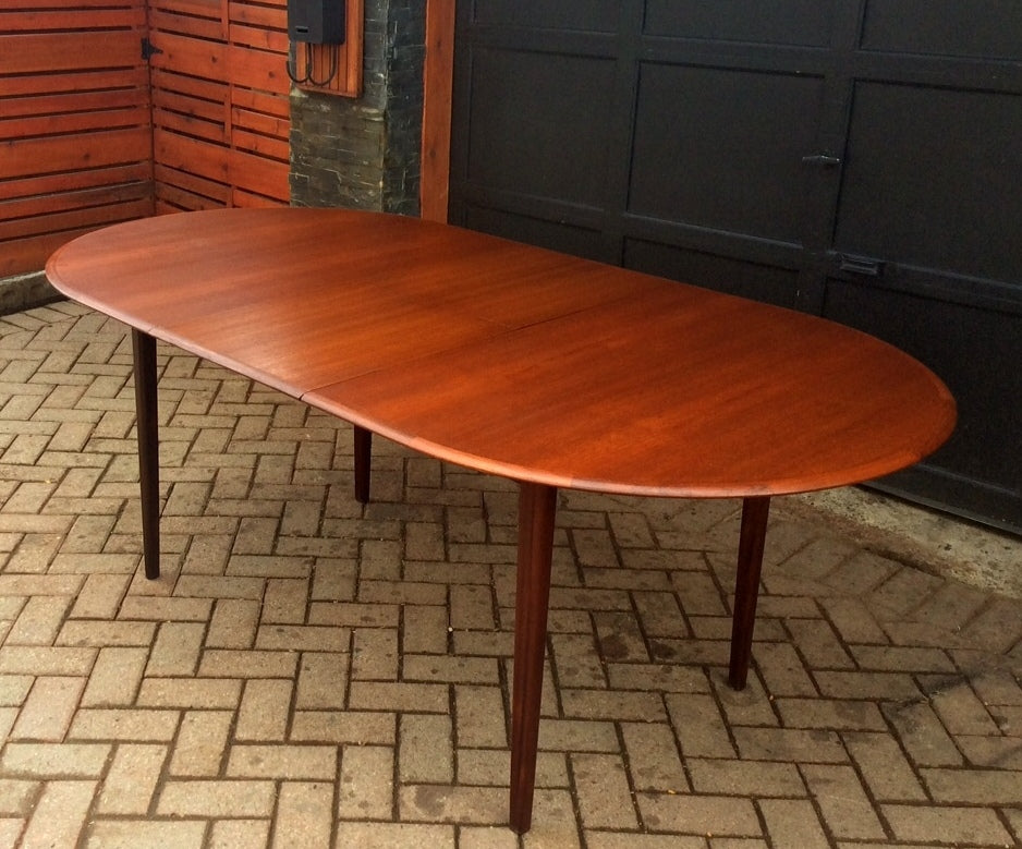 REFINISHED MCM Teak Dining Table Oval Self Storing with butterfly/ jackknife/ pop up leaf extension - Mid Century Modern Toronto