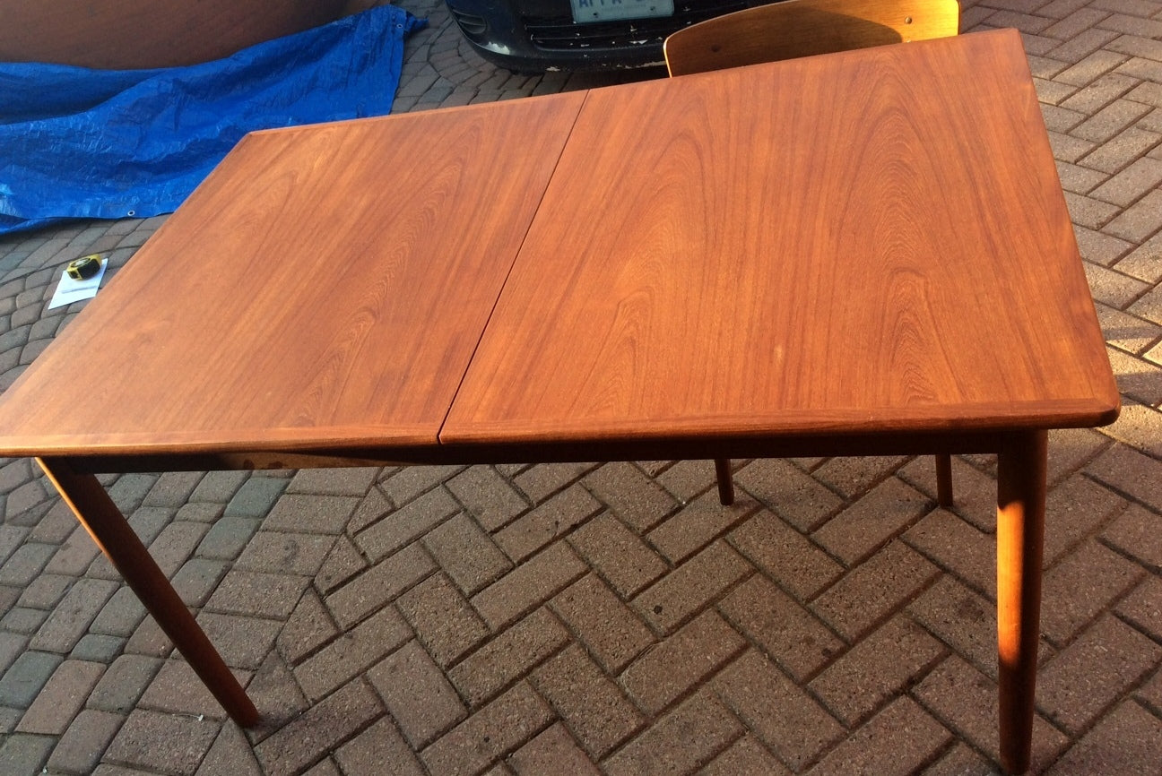 REFINISHED Danish Mid Century Modern Teak Table with Pop Up Leaf Extension - Mid Century Modern Toronto