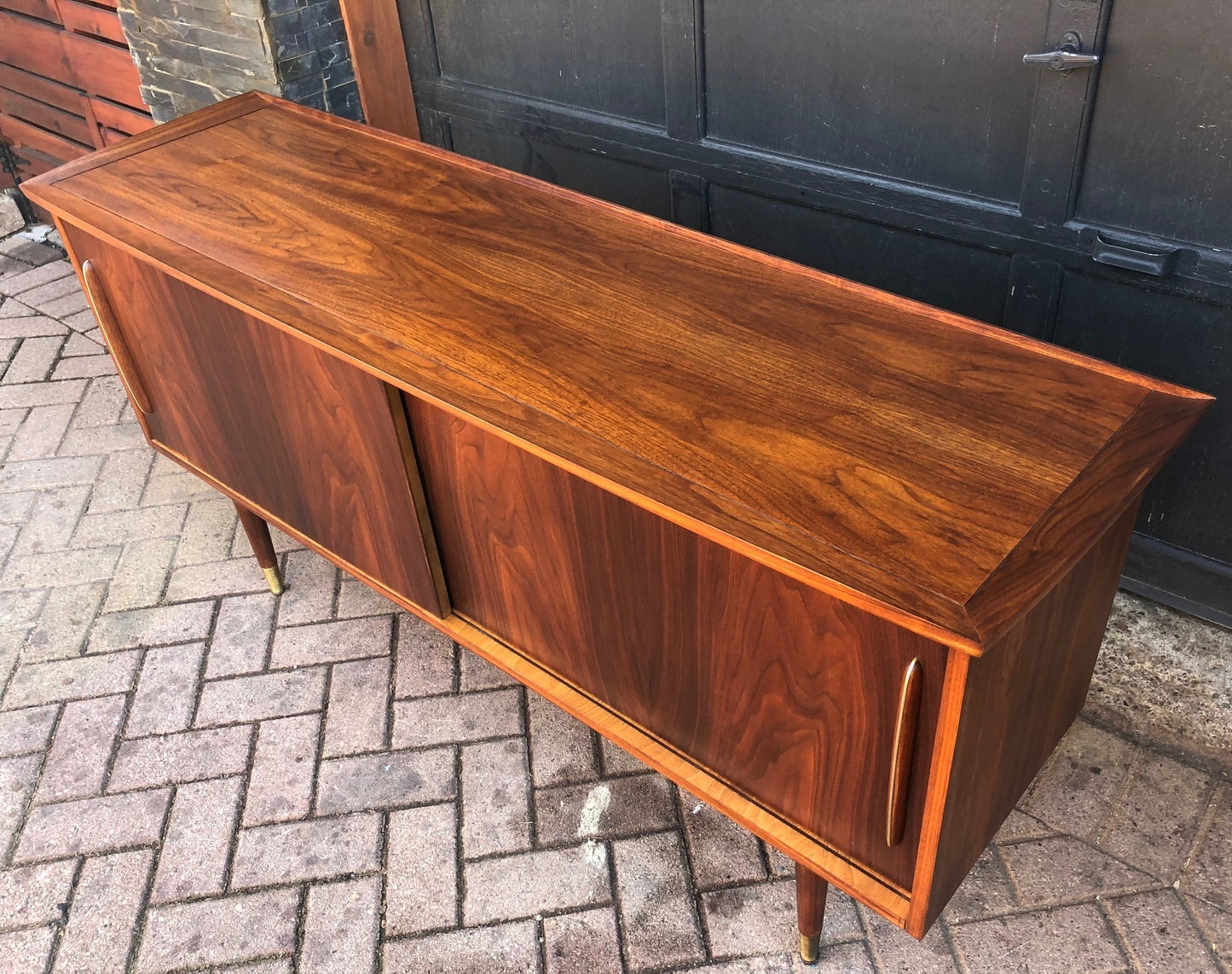 REFINISHED MCM Walnut Credenza w 2 Sliding Doors 62" - Mid Century Modern Toronto