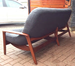 RESTORED Iconic Mid Century Modern Teak Sofa with arms - Scoop by Huber. Like New, Charcoal Wool Fabric - Mid Century Modern Toronto 6