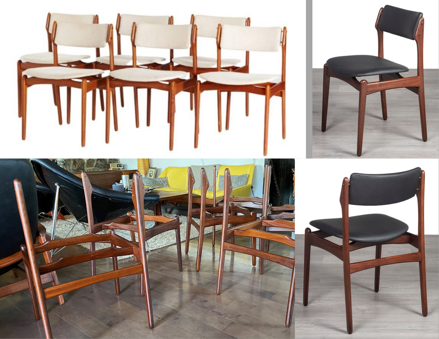 6 REFINISHED will be REUPHOLSTERED Danish Mid Century Modern E. Buch Teak Chairs, floating seats
