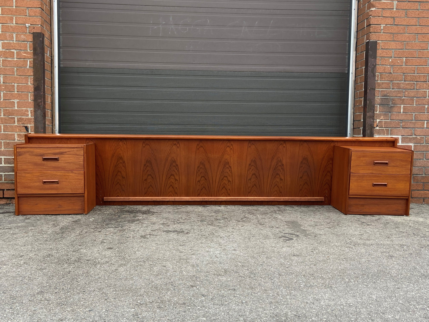 REFINISHED Mid Century Modern Teak King Bed w Storage Drawers & 2 Nightstands