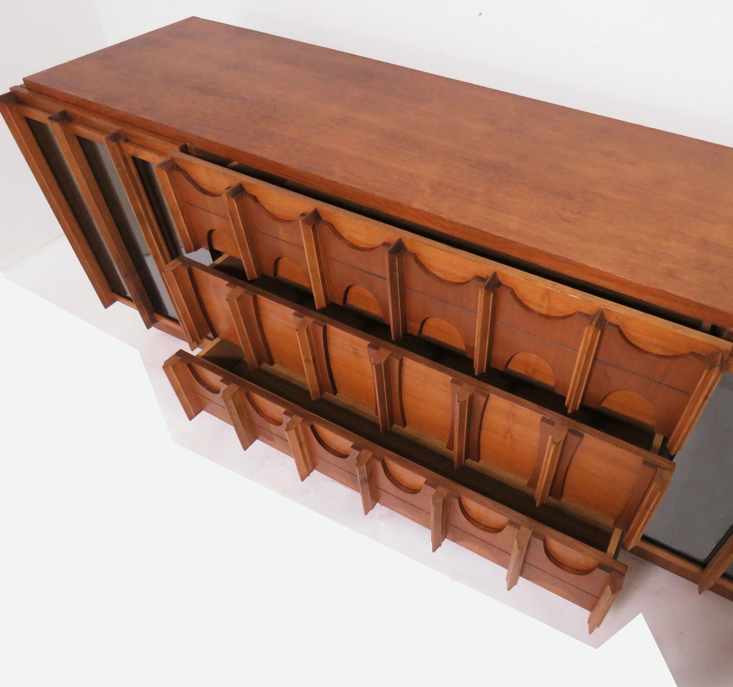 RESTORED Rare MCM Teak & Walnut Mirrored Brutalist Headboard Queen, metal bed frame, 2 nightstands