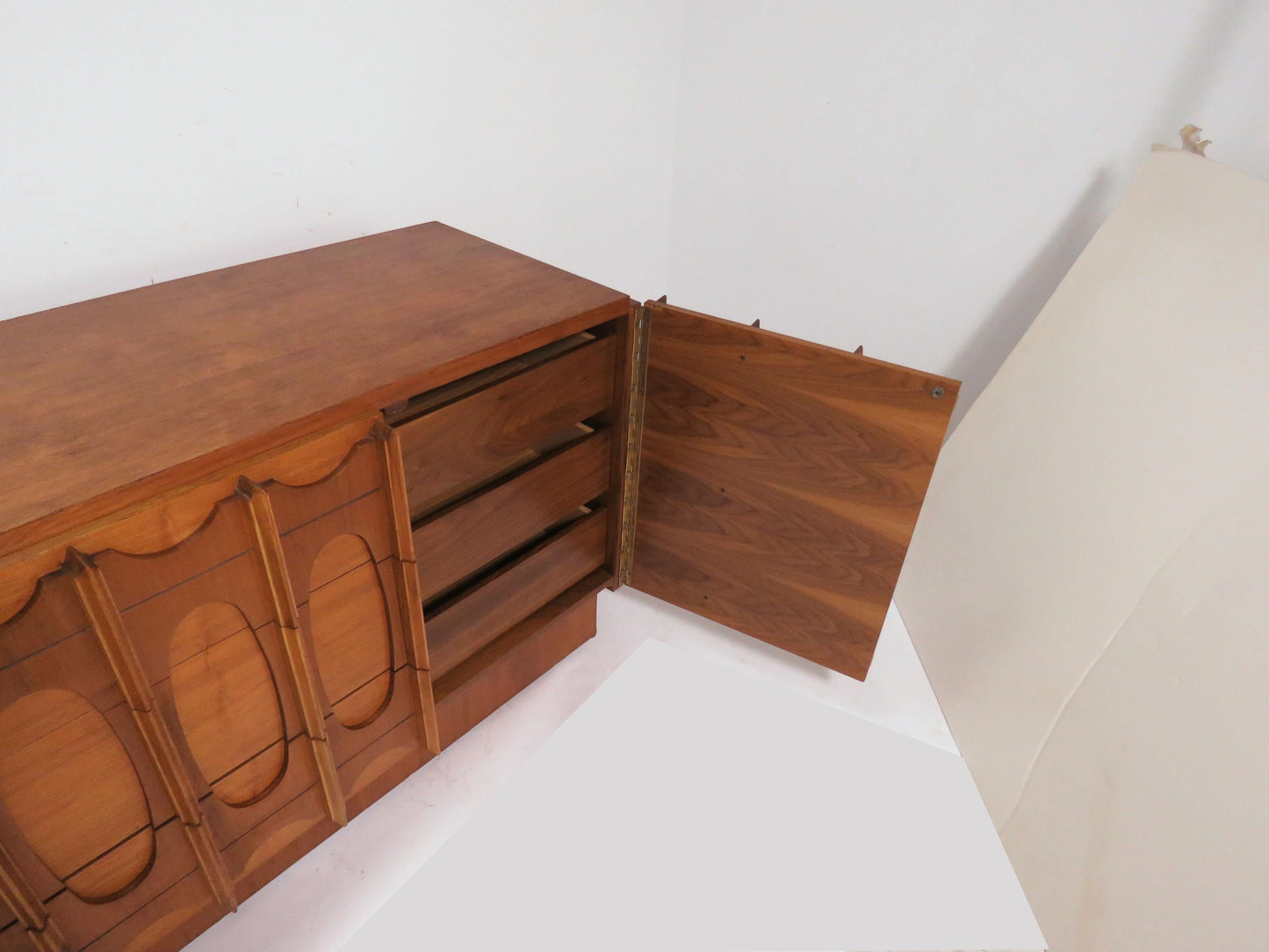 RESTORED Rare MCM Teak & Walnut Mirrored Brutalist Credenza Dresser 80"