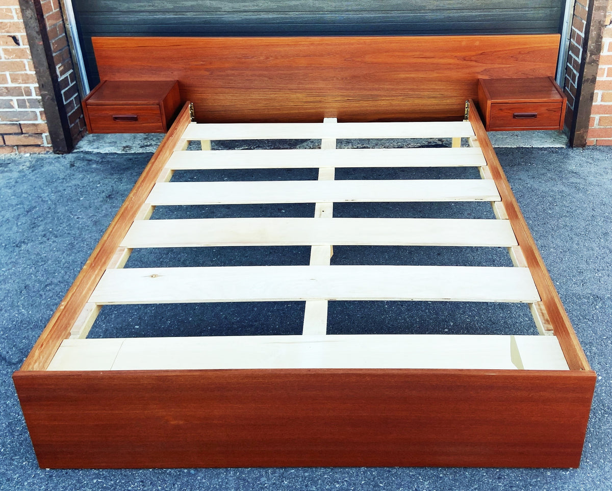 REFINISHED Mid Century Modern Teak Queen Bed w Nightstands & Dresser 9 Drawers