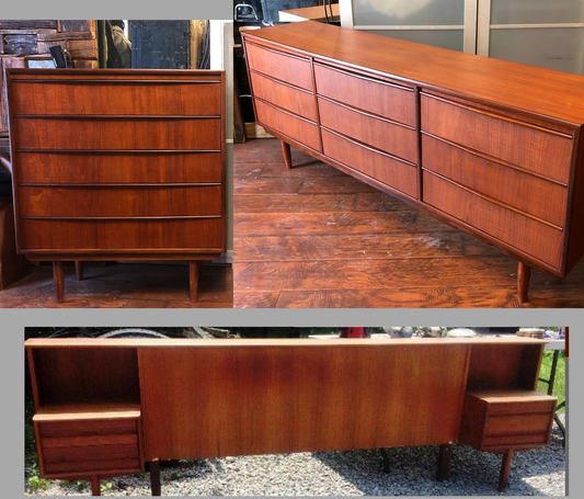 REFINISHED MCM Teak 9 Drawers Dresser, Tallboy, Headboard with nightstands and metal bed frame Queen- PERFECT - Mid Century Modern Toronto