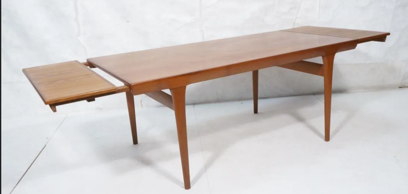 Sold***REFINISHED Danish MCM Teak Draw Leaf Table by Ib Kofod-Larsen for Faarup, 6 ft- 98"