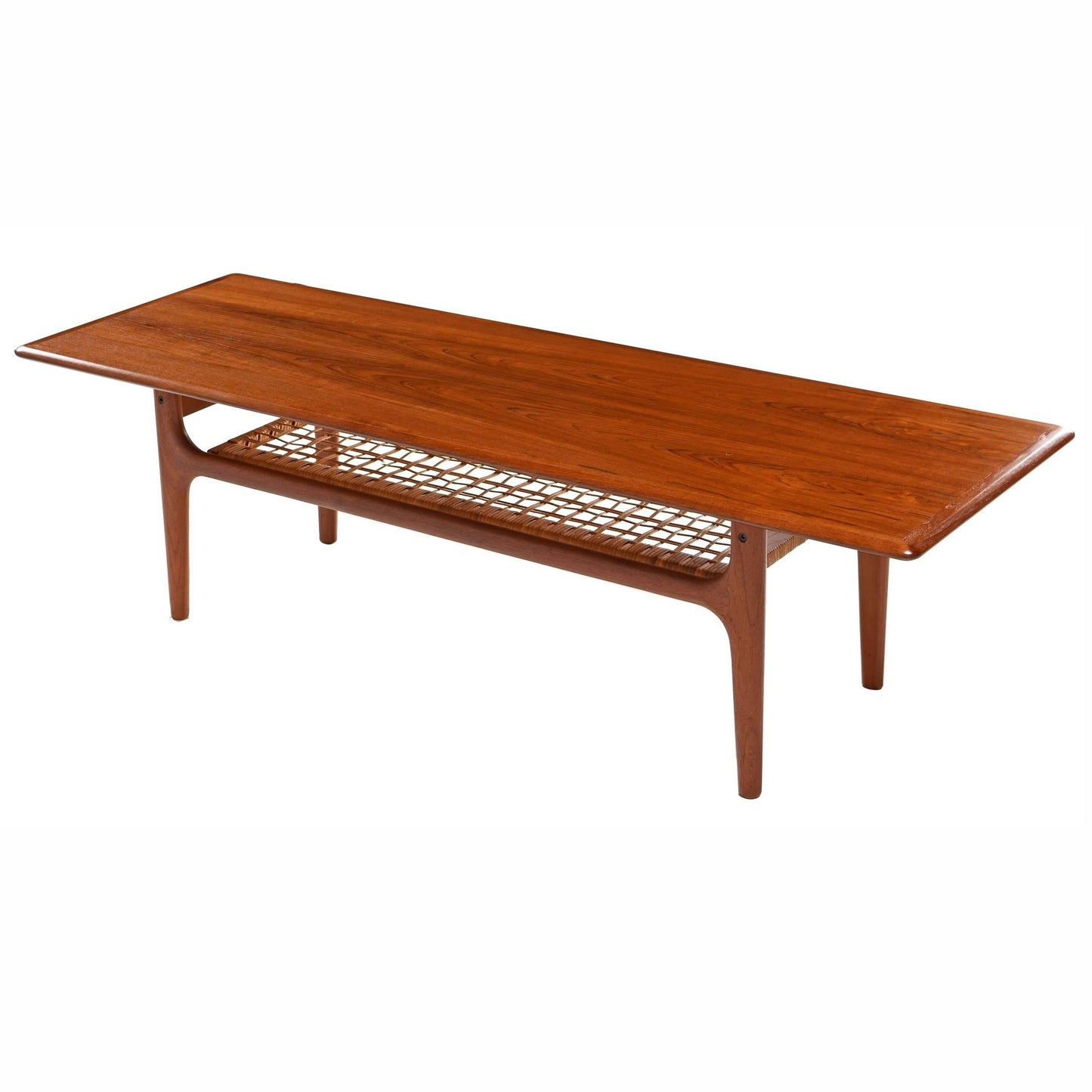 REFINISHED Danish Mid Century Modern XL Teak Coffee Table with Cane Shelf by Trioh