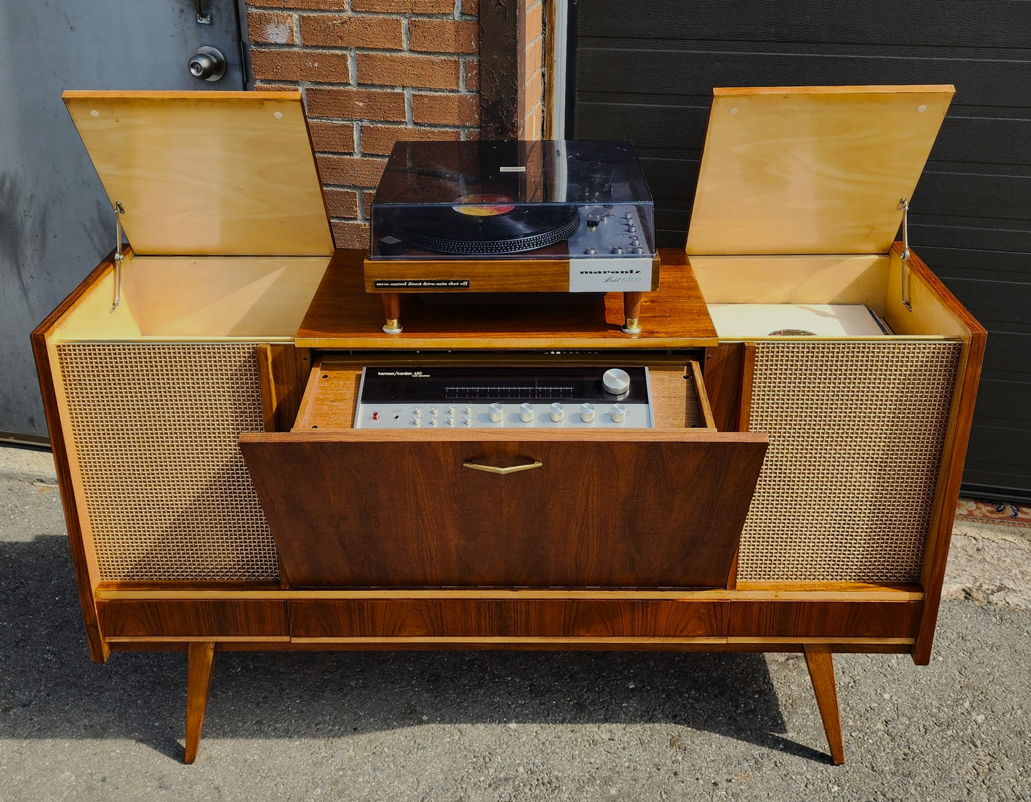 REFINISHED Mid Century Modern Walnut Radio Stereo Record Player Console 56"