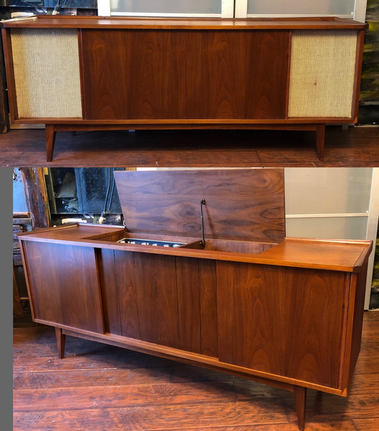REFINISHED MCM Walnut Console 66", PERFECT with Garrard turntable & Marantz receiver - Mid Century Modern Toronto