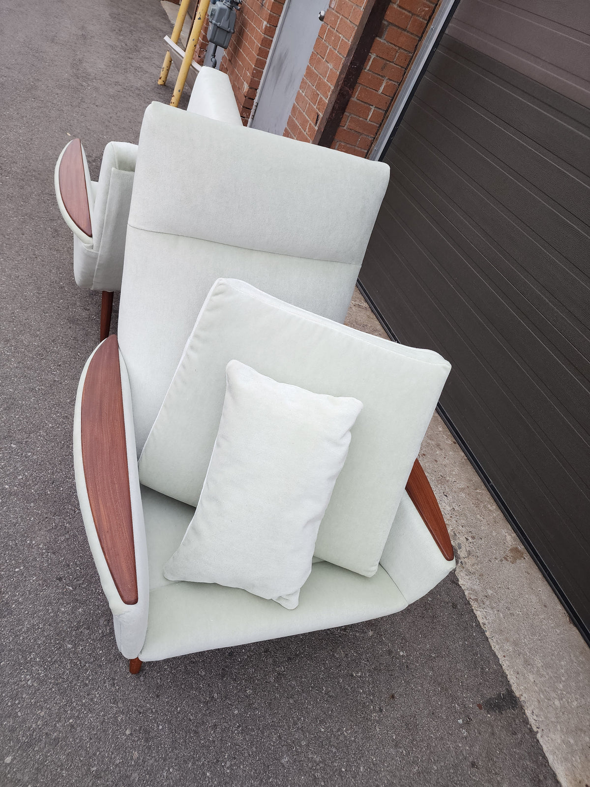 Set of 2 REFINISHED REUPHOLSTERED in wool mohair teak Mid Century Modern Lounge Chairs