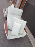 Set of 2 REFINISHED REUPHOLSTERED in wool mohair teak Mid Century Modern Lounge Chairs 12