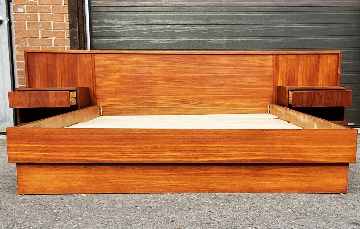 REFINISHED Mid Century Modern teak queen bed & 2 nightstands