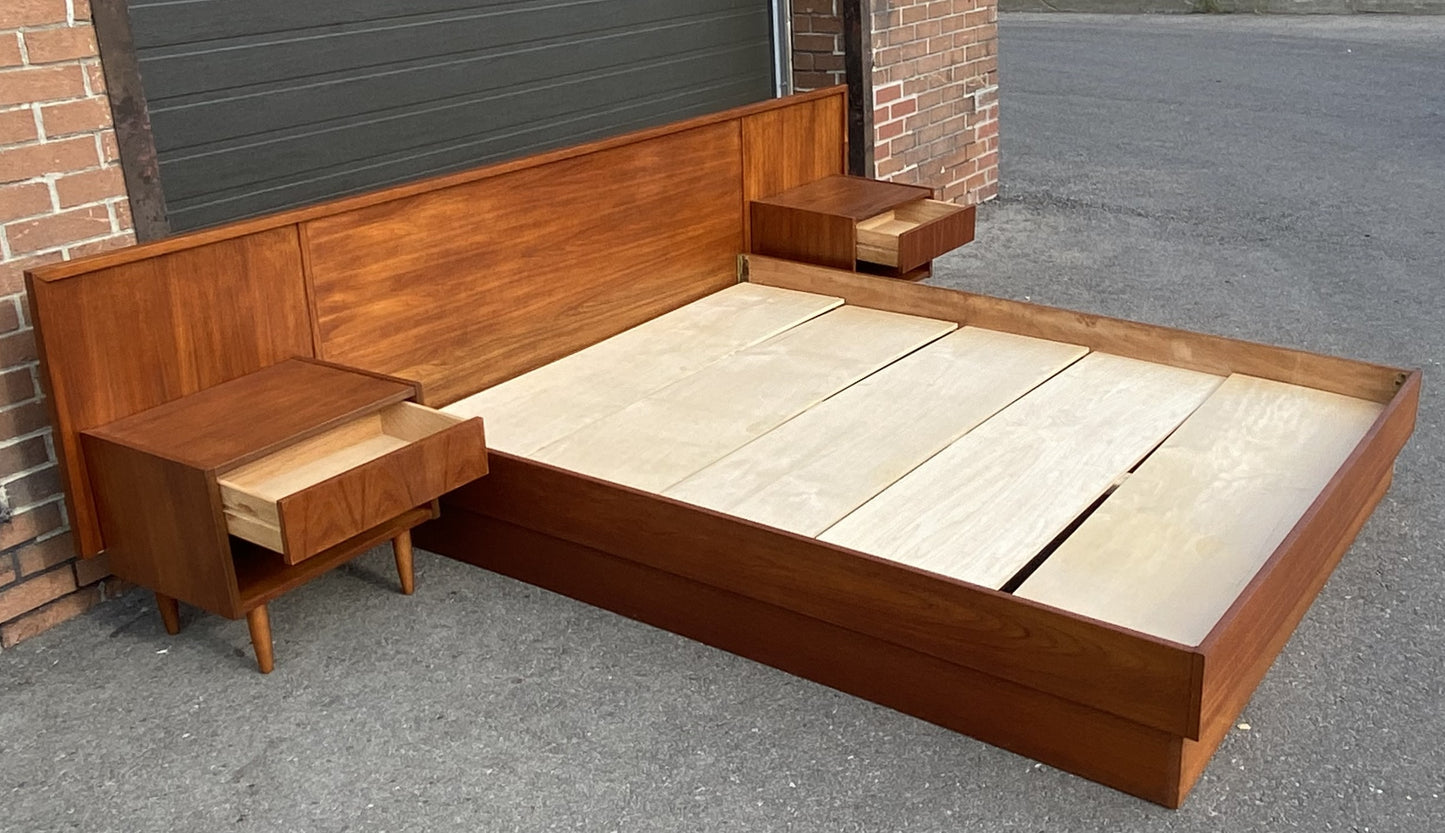 REFINISHED Mid Century Modern teak queen bed & 2 nightstands